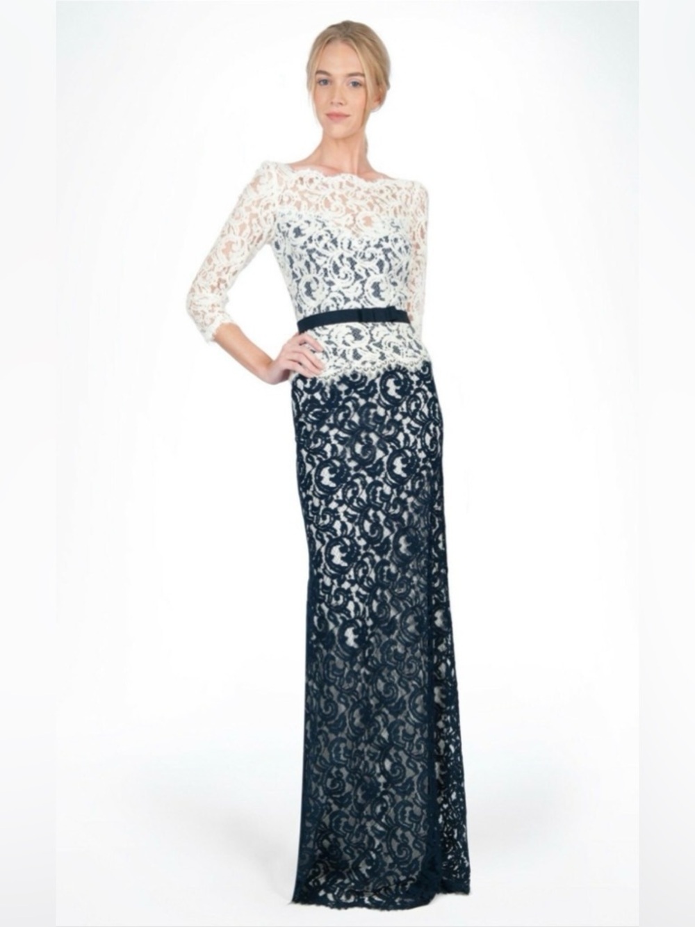 Tadashi Shoji Navy White Boatneck 3/4 Sleeve Lace Belted Black tie Gown 14 - Picture 2 of 13